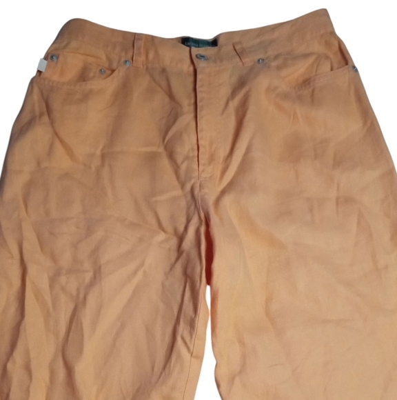 Ralph Lauren Melon Color 100% Linen Wide Leg Cropped 5 Pocket Pants Size 12 - Picture 2 of 8